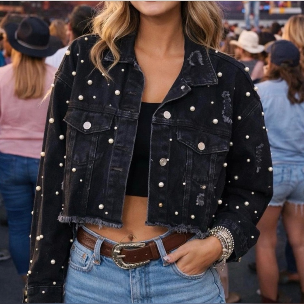 Altar’d State Black Denim Cropped Jacket with Pearl Accents